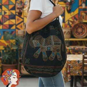Embroidered Elephant Black Tote Bag